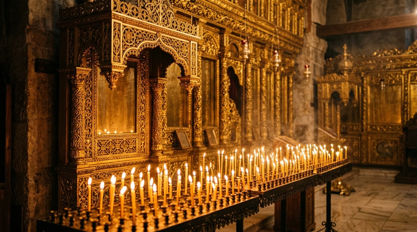 Rows of lit candles before an iconostasis symbolizing veneration in Orthodox worship