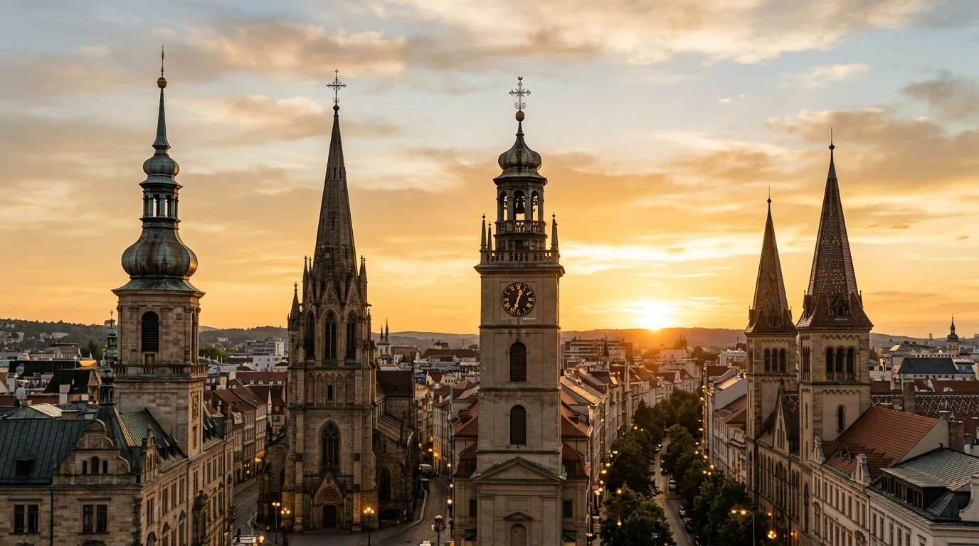 Multiple church steeples on a skyline representing the diversity within Lutheran denominations