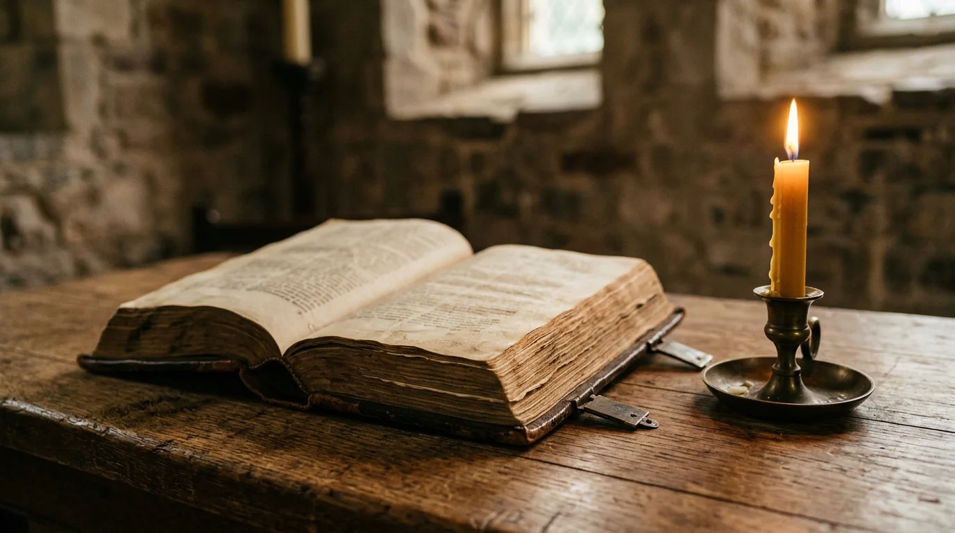 Open Bible resting beside a lit candle symbolizing Scripture and Tradition in Orthodox theology