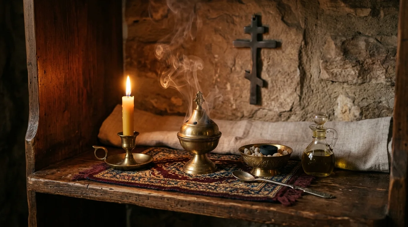 Icon corner with candle representing personal Orthodox faith formation