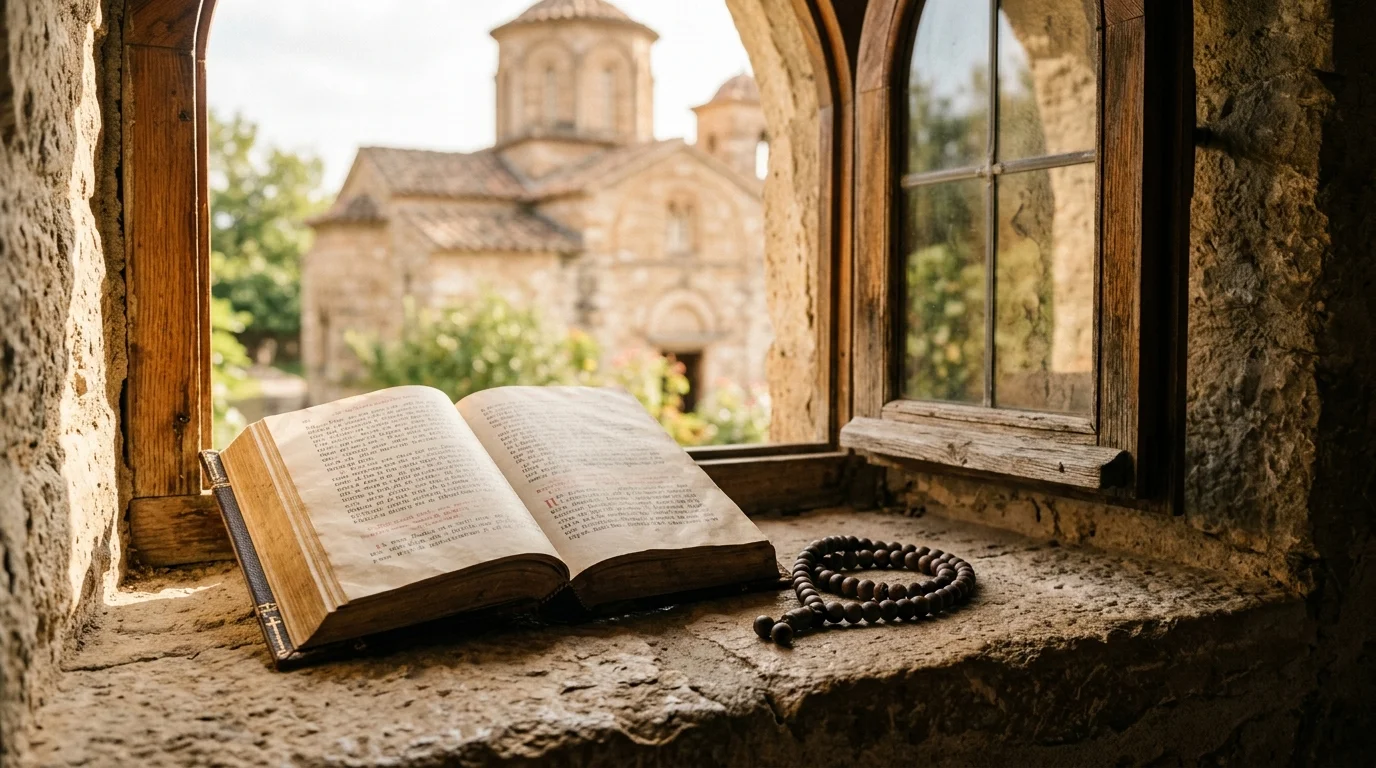 Open Bible and prayer rope symbolizing scripture on the universal Church