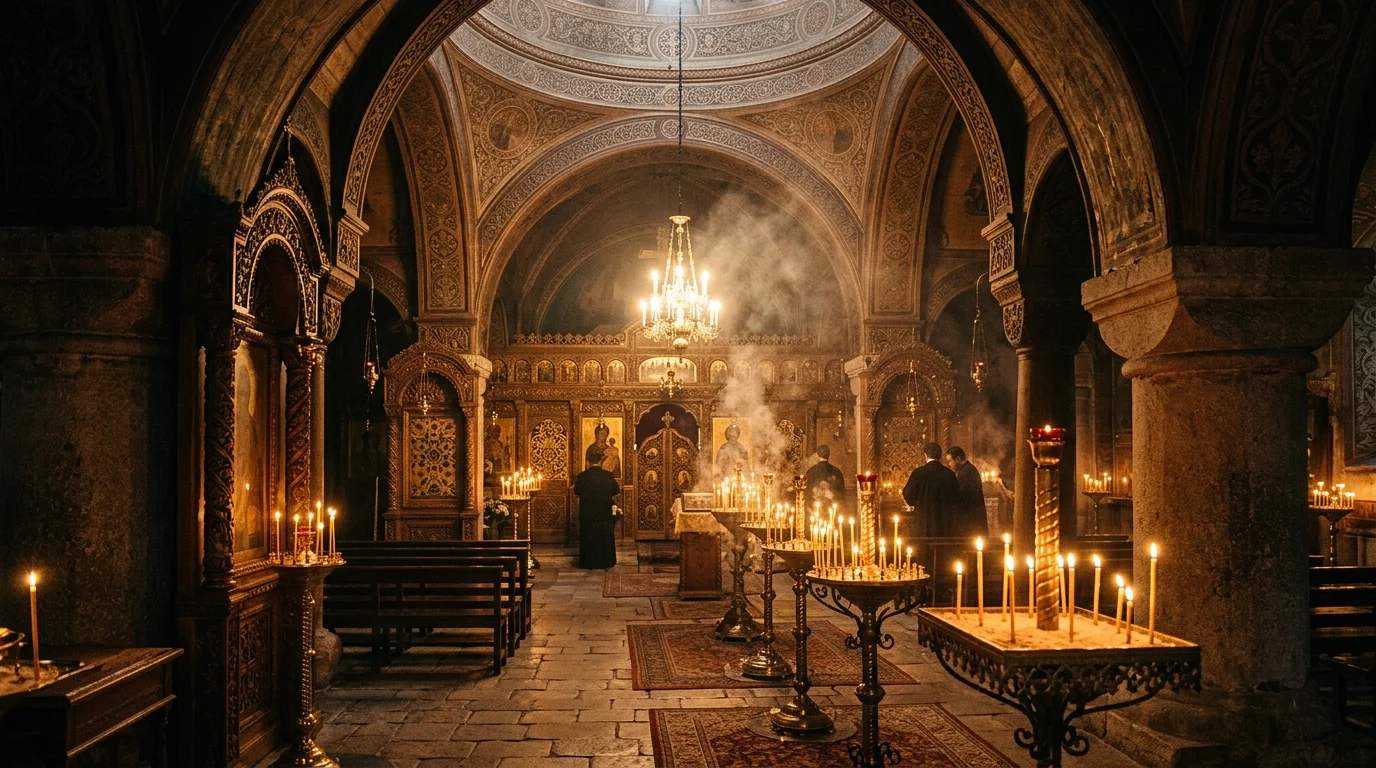 Candlelit Orthodox church interior representing the path of catechesis