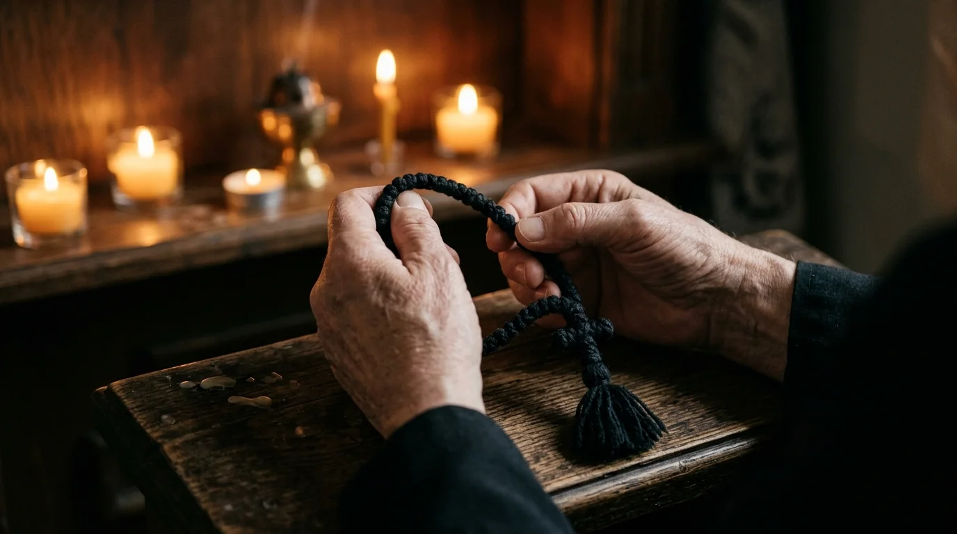 Hands folded in prayer with a prayer rope representing Orthodox worship and communion with God