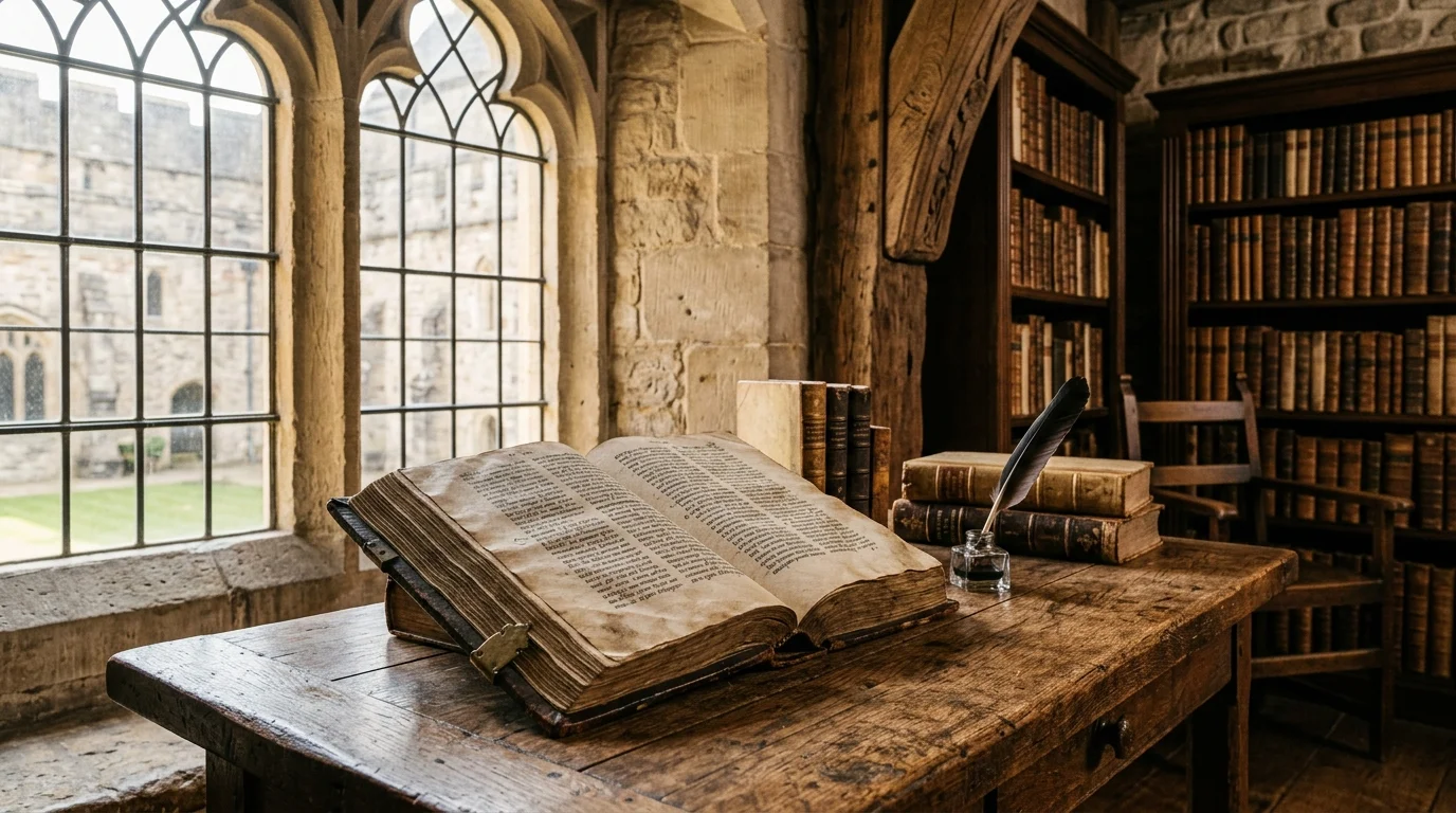 Old leather-bound patristic texts open on a wooden monastery desk