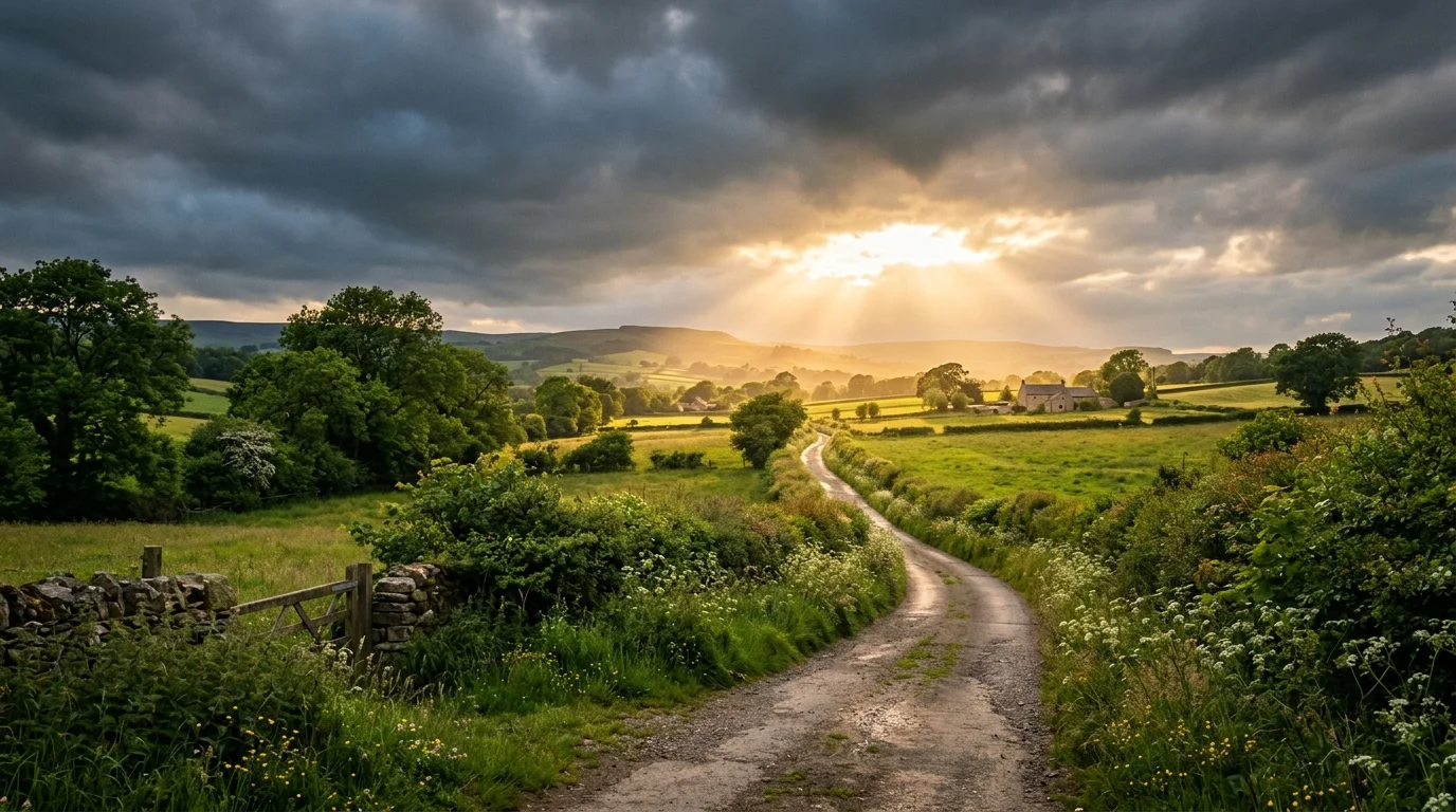 Sunlight breaking through clouds over a quiet path, symbol of grace and strength