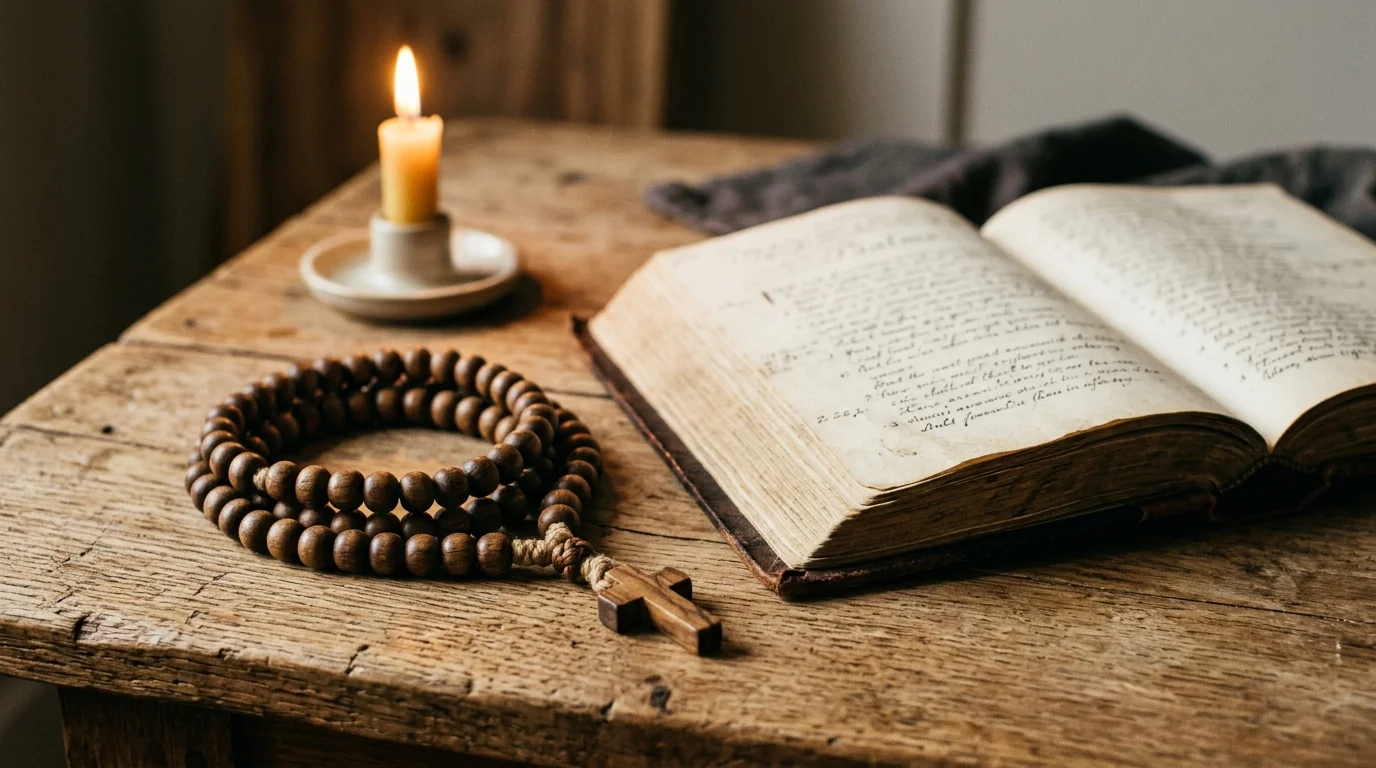Prayer rope and open Psalter used in Orthodox evening prayer rule
