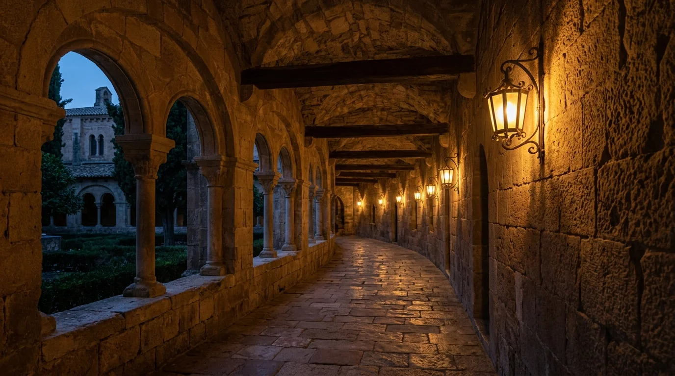 Quiet monastery hallway at dusk representing reflection on Orthodox night prayer