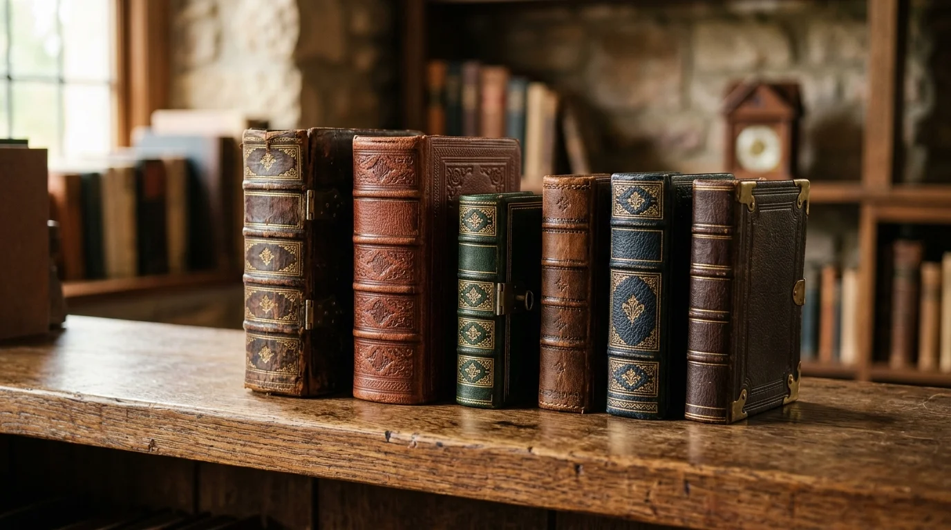 Row of small prayer books on a shelf representing Bounds's individual volumes