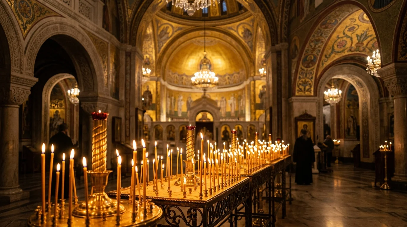 Candles glowing inside Orthodox cathedral interior representing union with God through prayer
