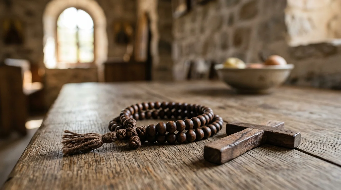 Orthodox prayer rope and cross on wooden table symbolizing personal prayer discipline