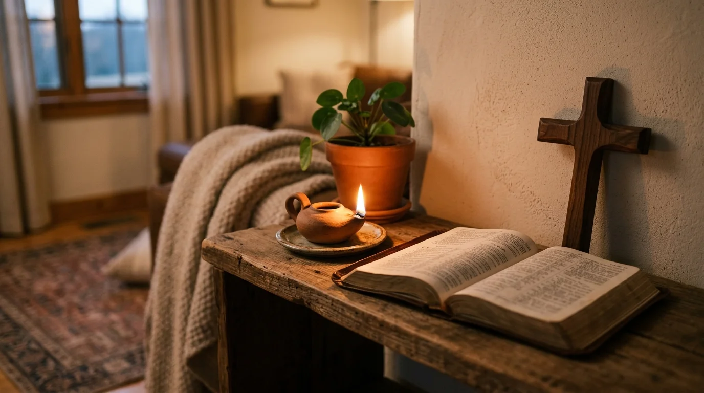Small prayer corner at home with icon lamp and Bible for daily prayer rule