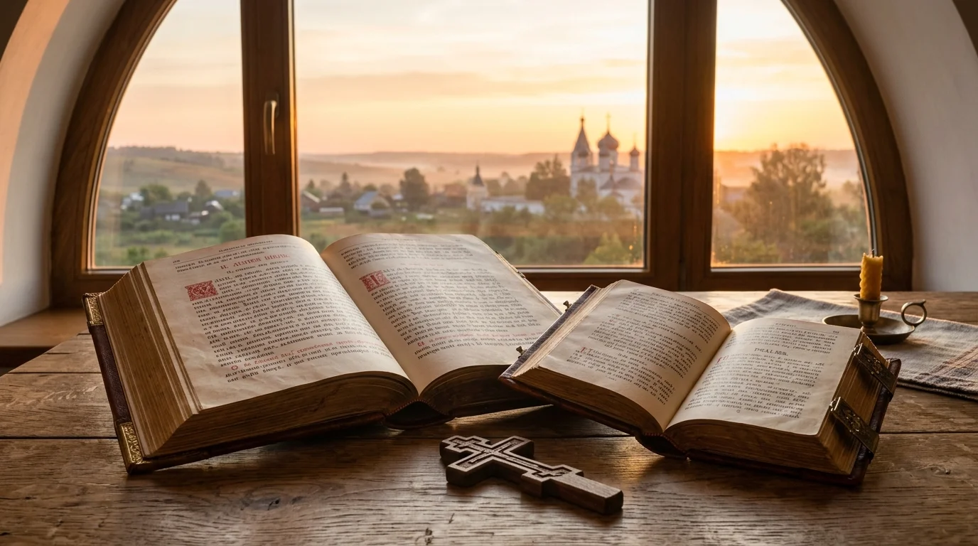 Open Bible and psalter at dawn representing Scripture foundations for morning prayer