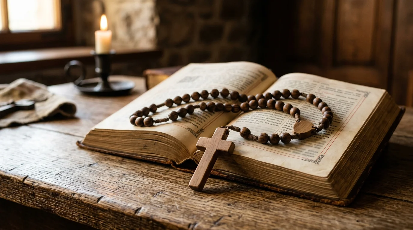 Rosary beads and prayer book symbolizing Catholic devotional prayer practice