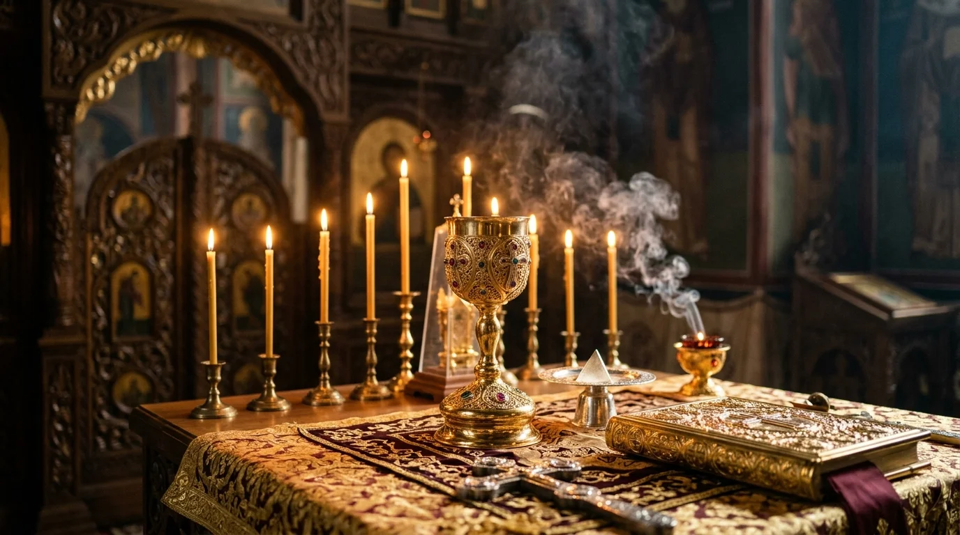 Chalice and candles on an Orthodox altar representing the Eucharist