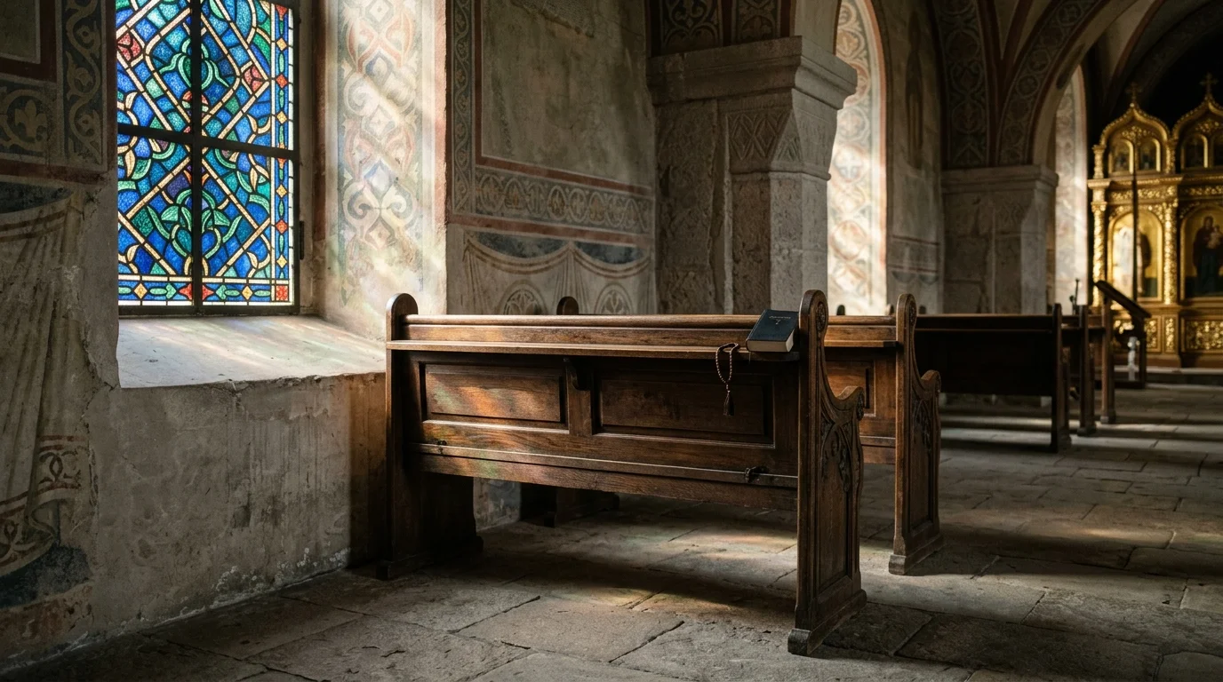 Empty church pew with soft light suggesting quiet return and reflection