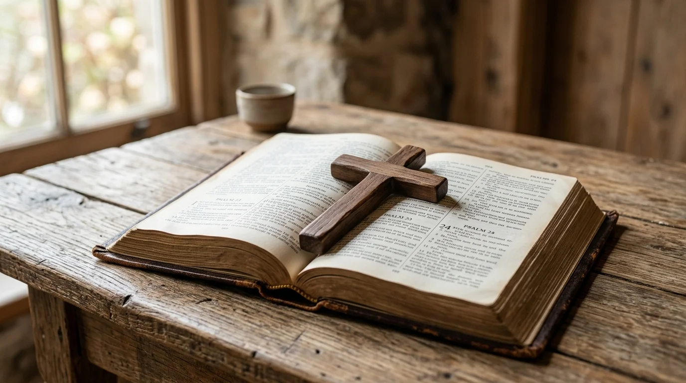 Open Bible and cross on wooden table representing shared Christian foundations across traditions