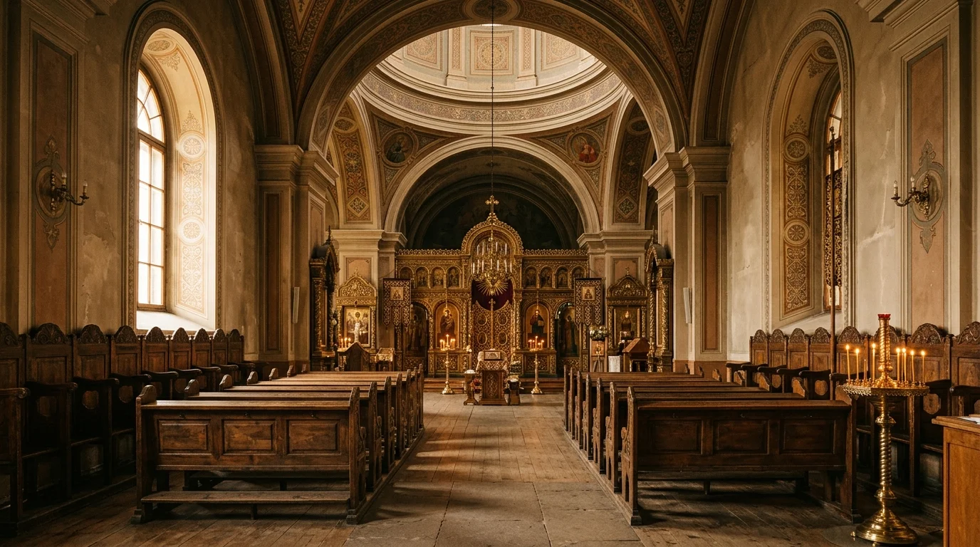 Quiet Orthodox church interior with soft light suggesting stillness and acceptance before God
