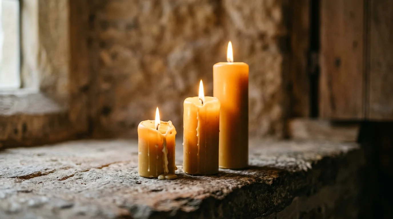 Three lit candles side by side representing different Christian traditions of daily prayer