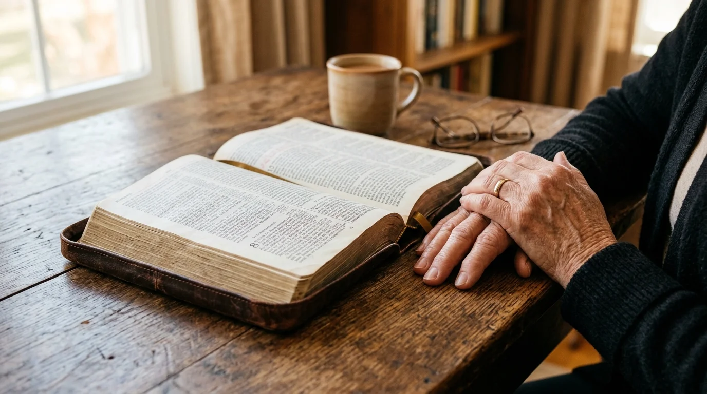 Hands gently resting near an open Bible symbolizing communion and personal prayer