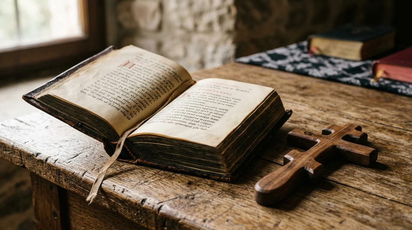 Open Psalter and cross on a wooden table representing set prayers of the Church