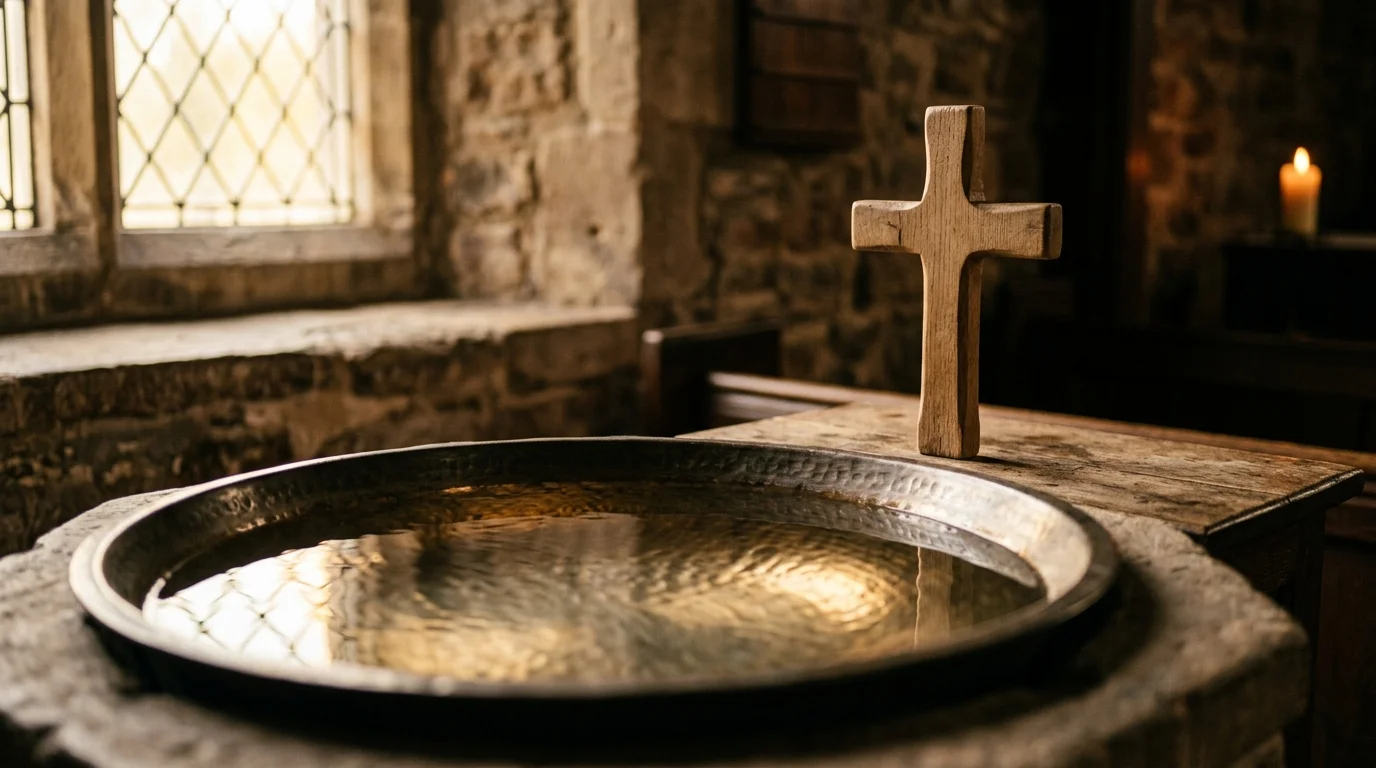 Baptismal water and simple cross symbolizing believer's baptism