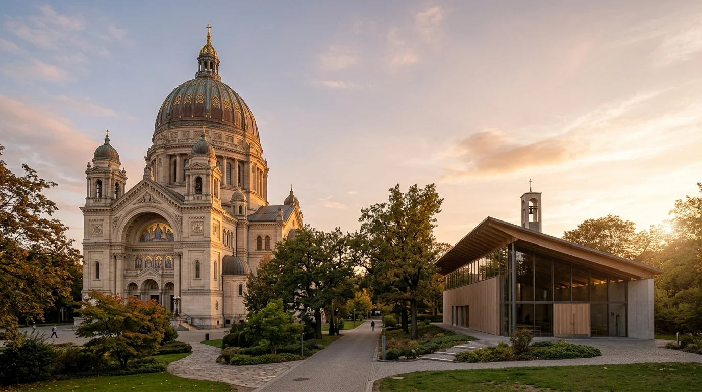 Three church buildings of different architectural traditions side by side in soft light
