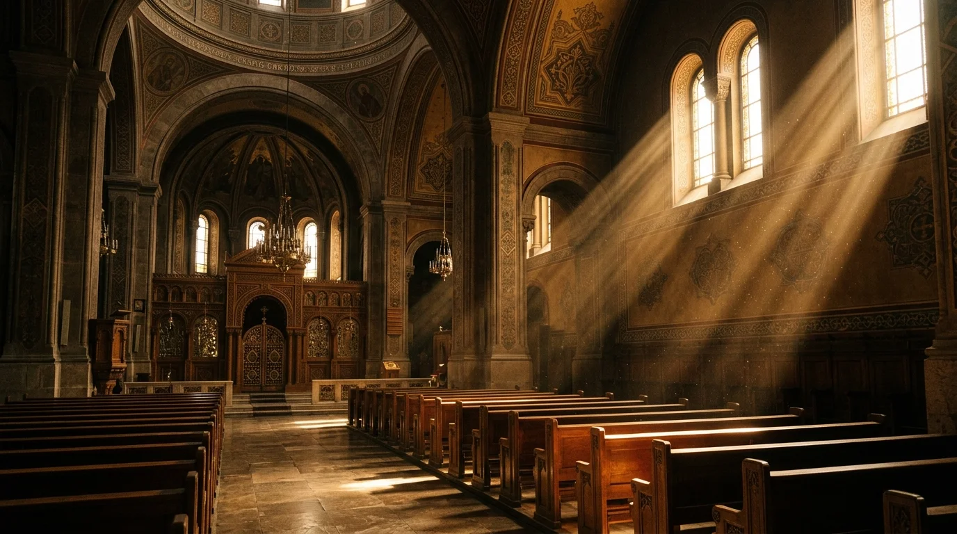 Rays of light streaming through Orthodox church windows evoking Pentecost