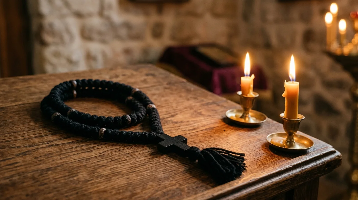 Prayer rope and lit candles representing the Jesus Prayer and hesychast tradition