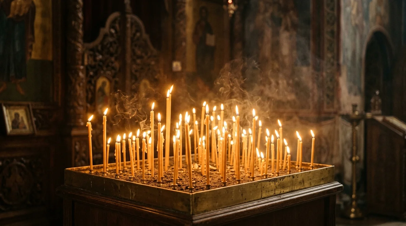 Lit candles and incense during Orthodox Divine Liturgy showing lived catholicity