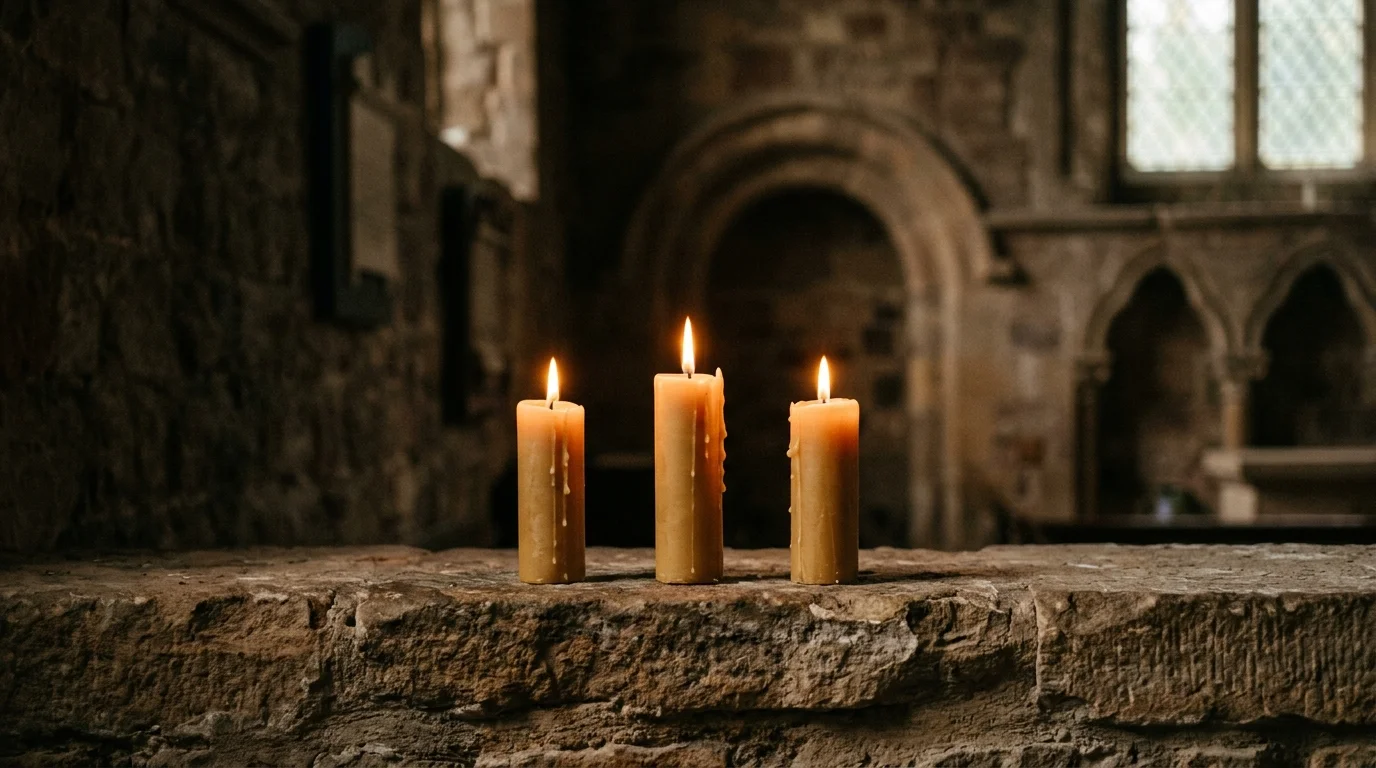 Three lit candles representing different Christian traditions' views on Communion