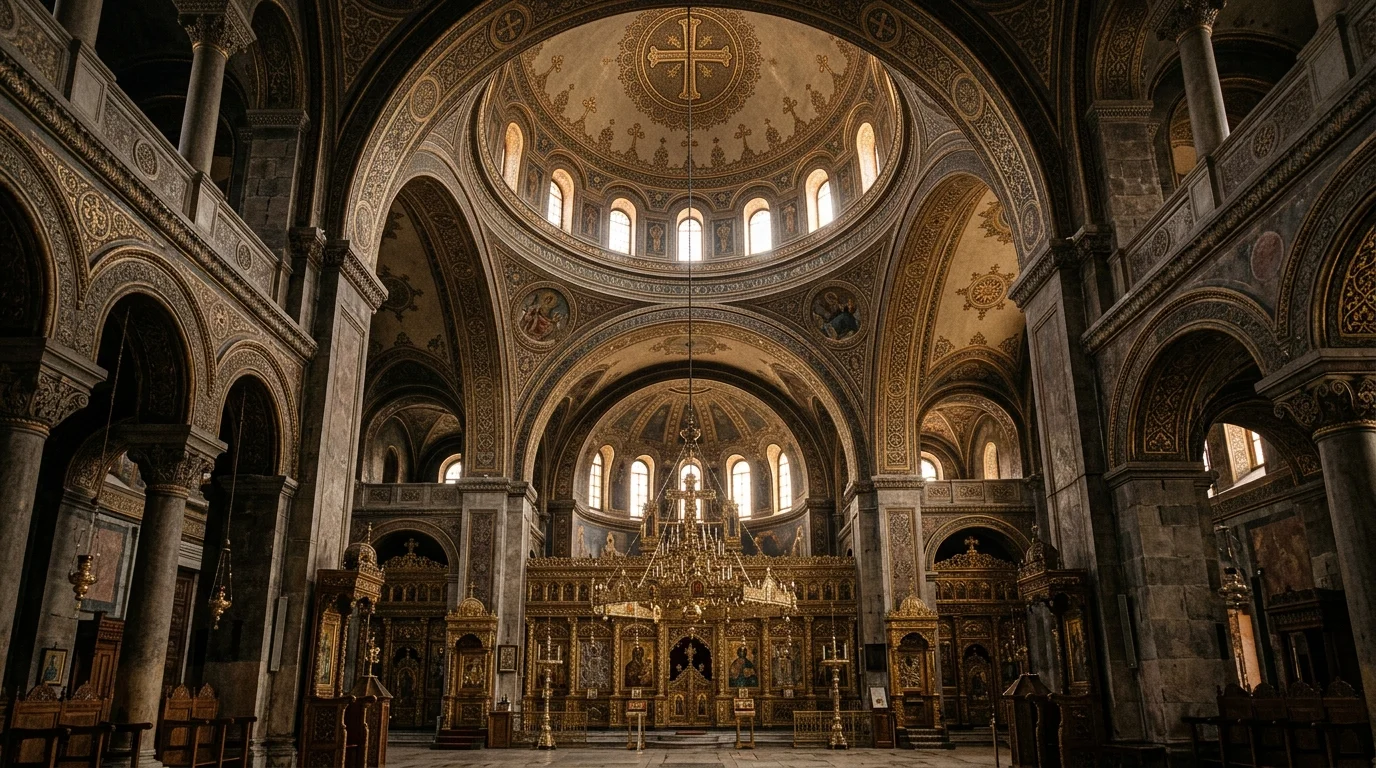 Historic Orthodox cathedral interior evoking centuries of conciliar theology