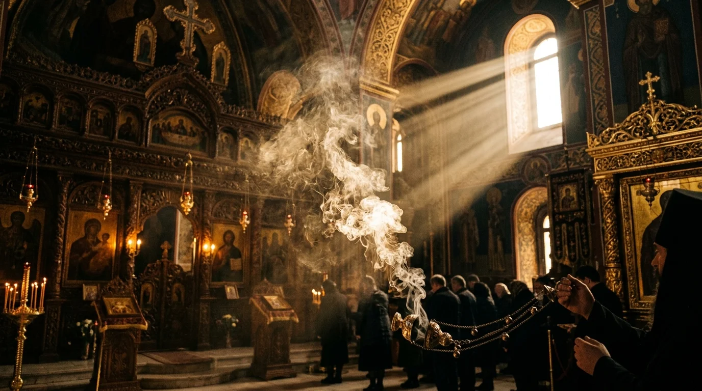 Incense smoke rising in Orthodox sanctuary symbolizing prayer and healing
