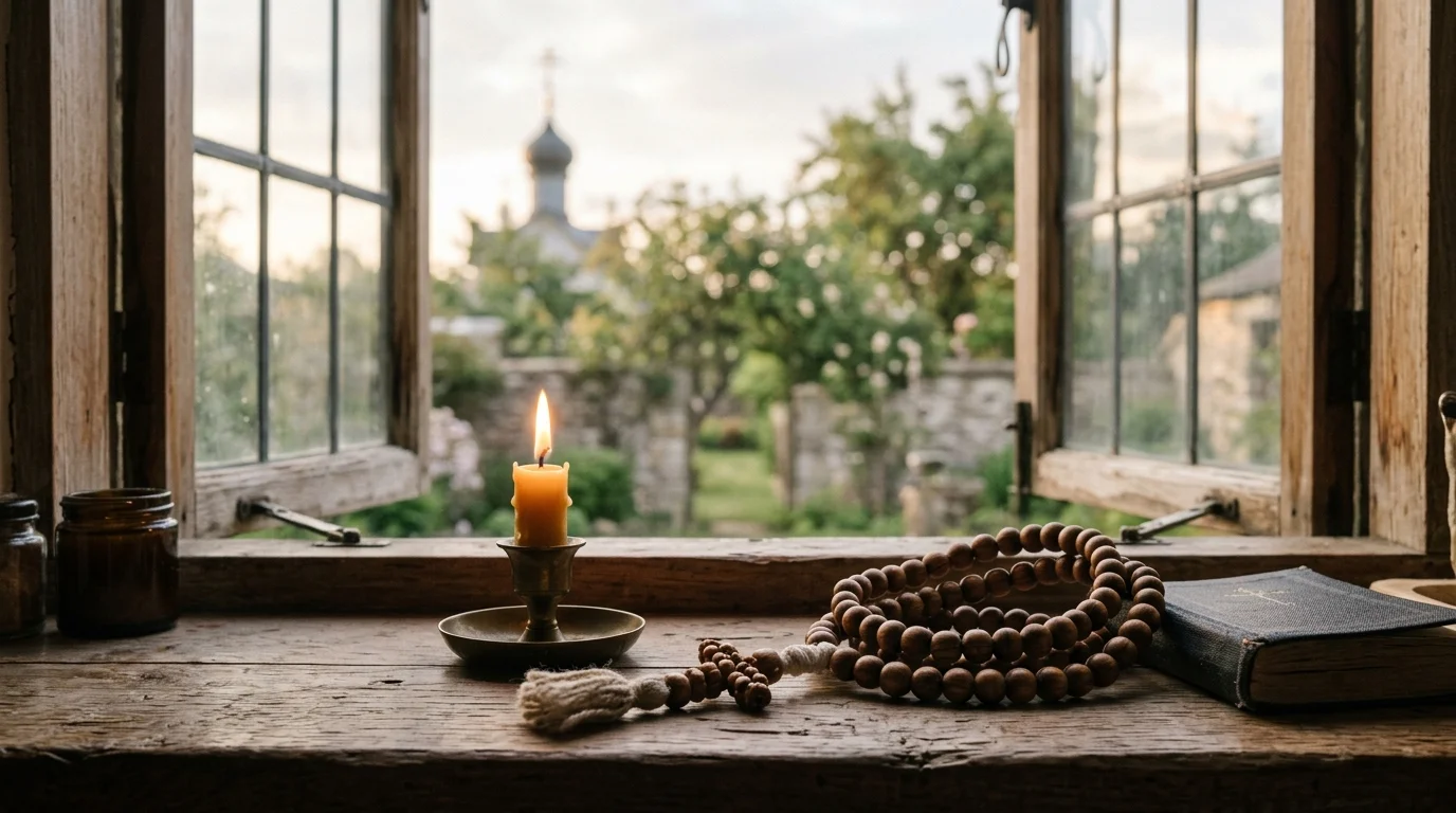Prayer rope and lit candle representing daily Orthodox spiritual practice