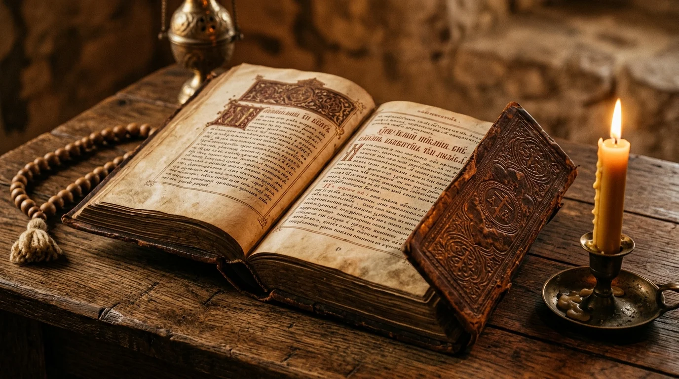 Old book of Scripture and candle representing Scripture and Holy Tradition together