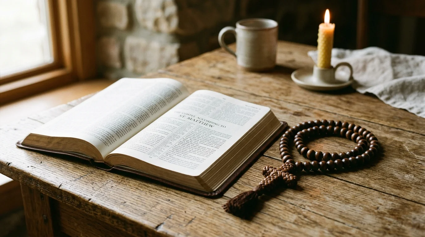 Prayer rope and open Bible representing daily Orthodox Christian practice