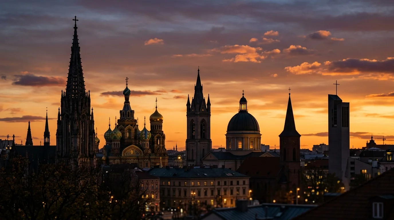 Three church buildings representing Orthodox, Catholic, and Protestant Christian traditions