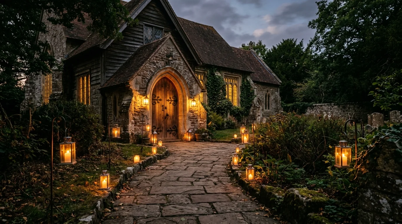 Candlelit path leading toward an Orthodox church door symbolizing the search for faith
