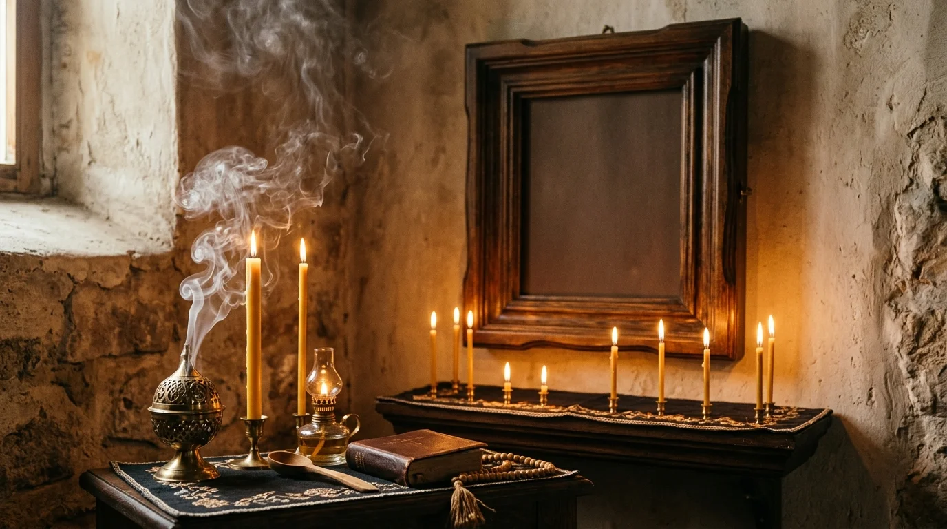 Icon corner with candles and incense representing Orthodox Christian core beliefs