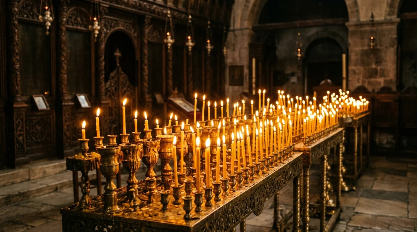 Lit candles in an Orthodox church representing order and reverence in worship