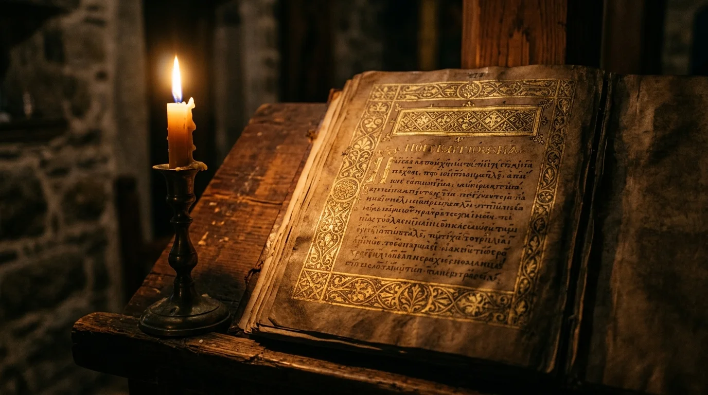 Ancient handwritten Gospel text illuminated by candlelight symbolizing the Lord's Prayer