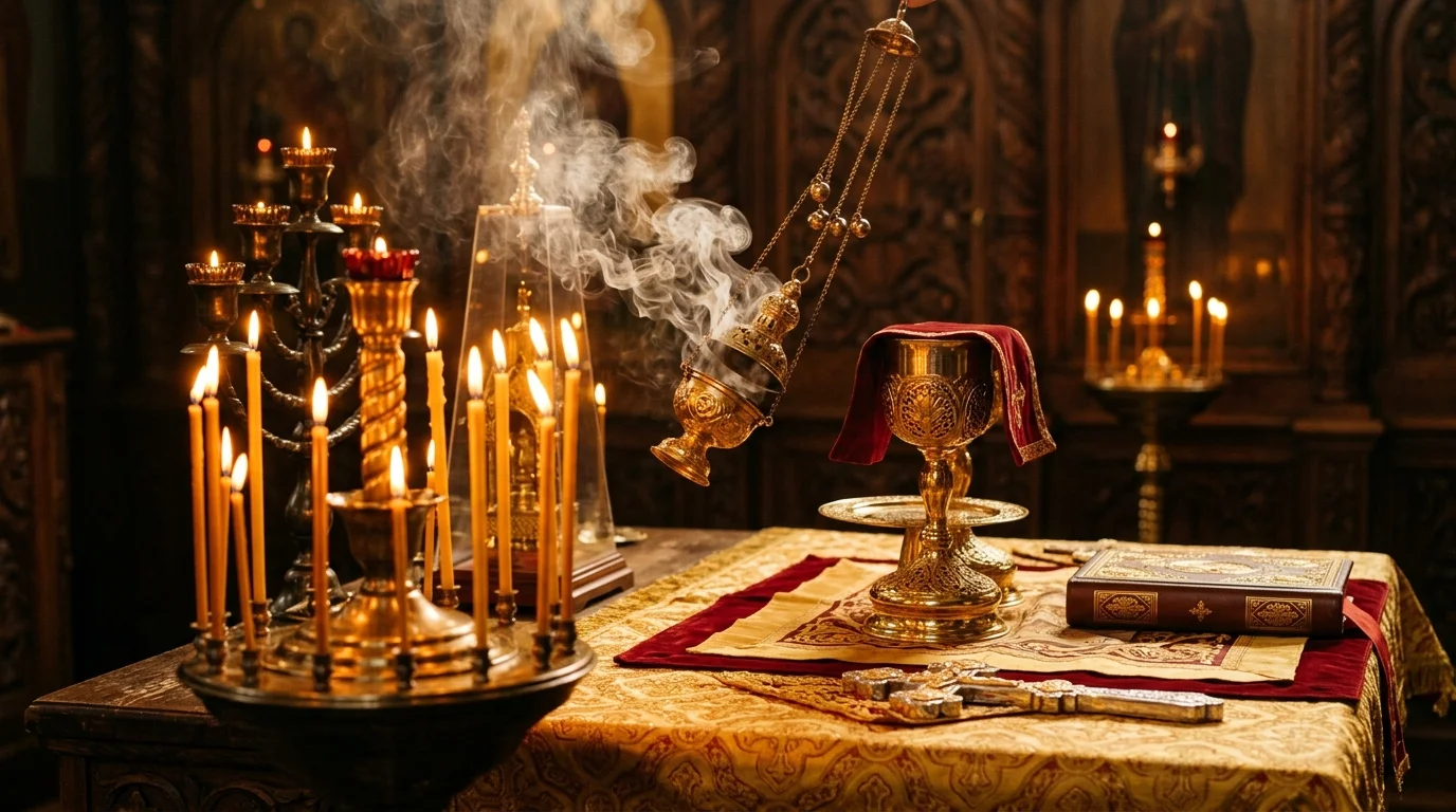 Lit candles and incense at an Orthodox altar representing sacramental life and theosis
