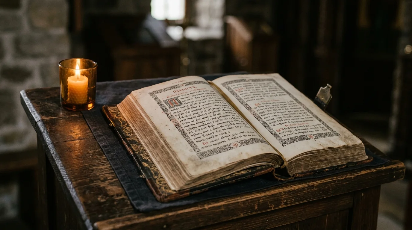 Open Psalter book with candlelight, representing the Psalms as prayer in times of fear