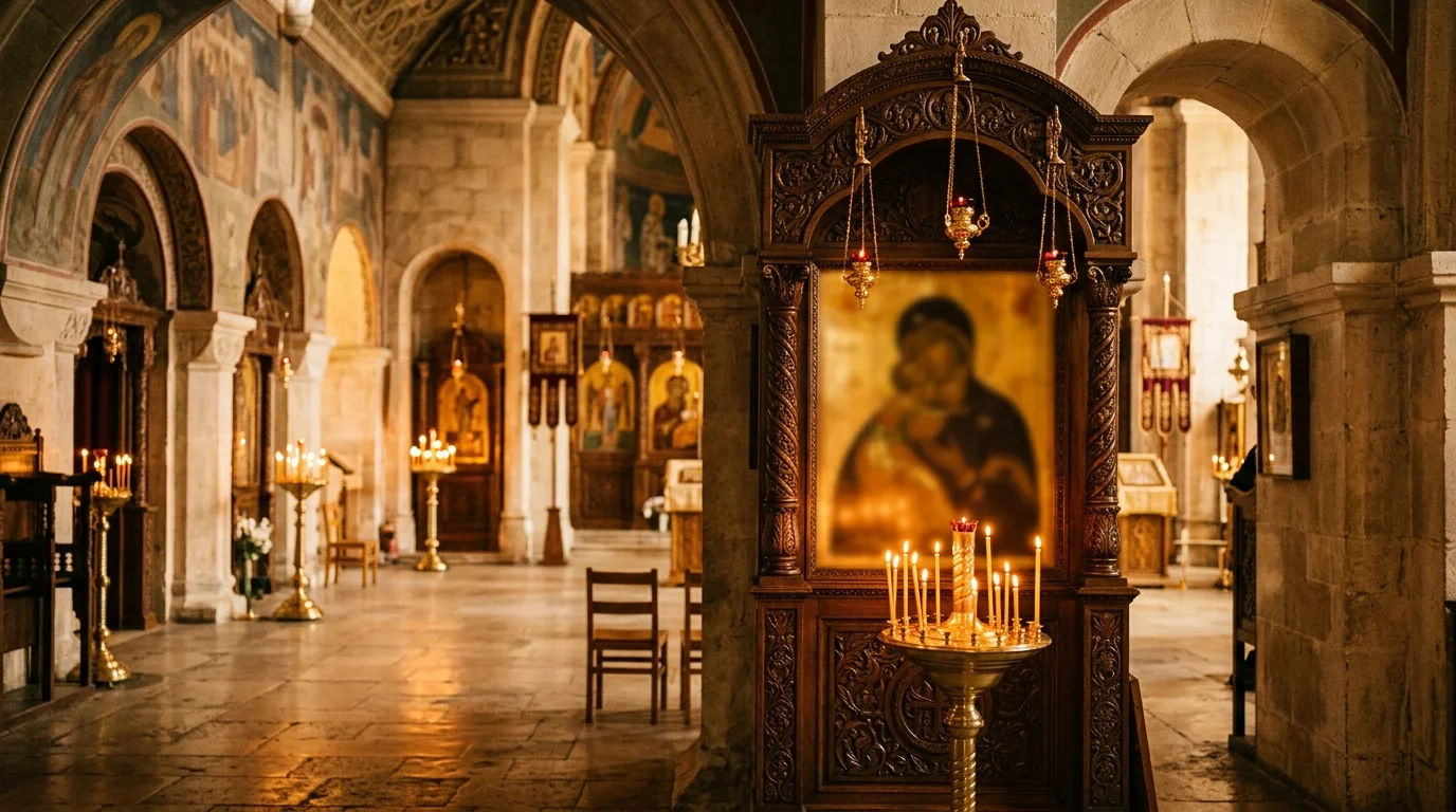 Orthodox church interior with soft candlelight representing traditional prayer practice