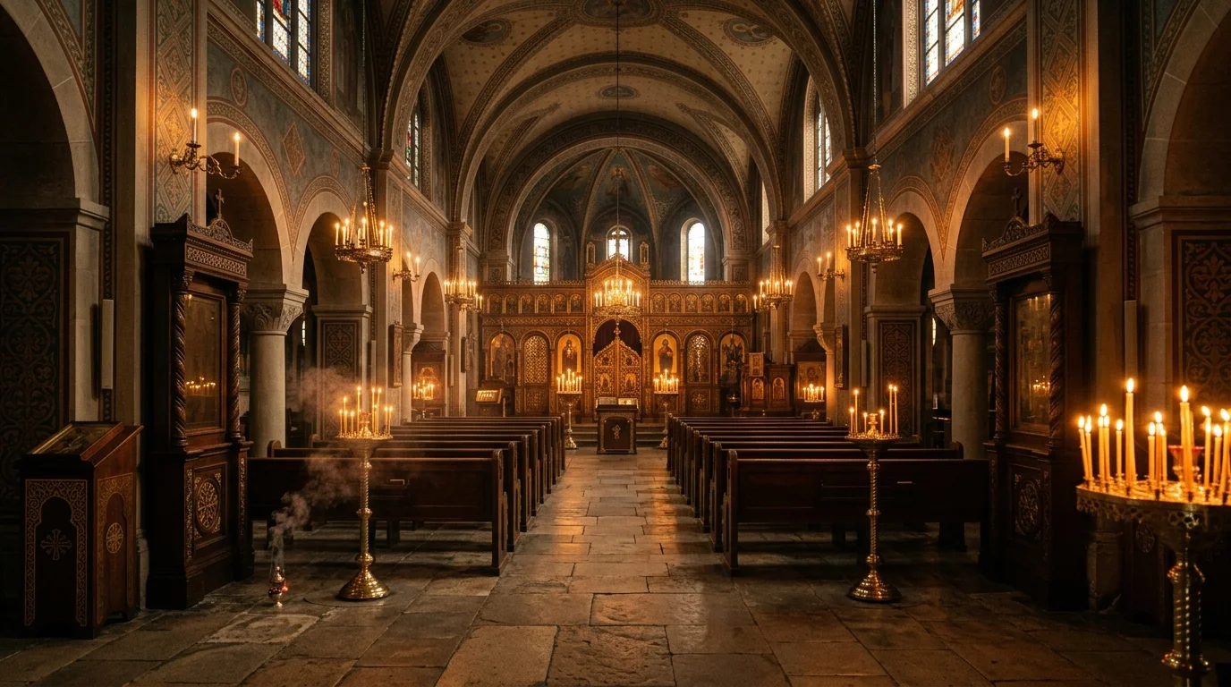 Quiet Orthodox church interior evoking peace for anxious and nervous prayer