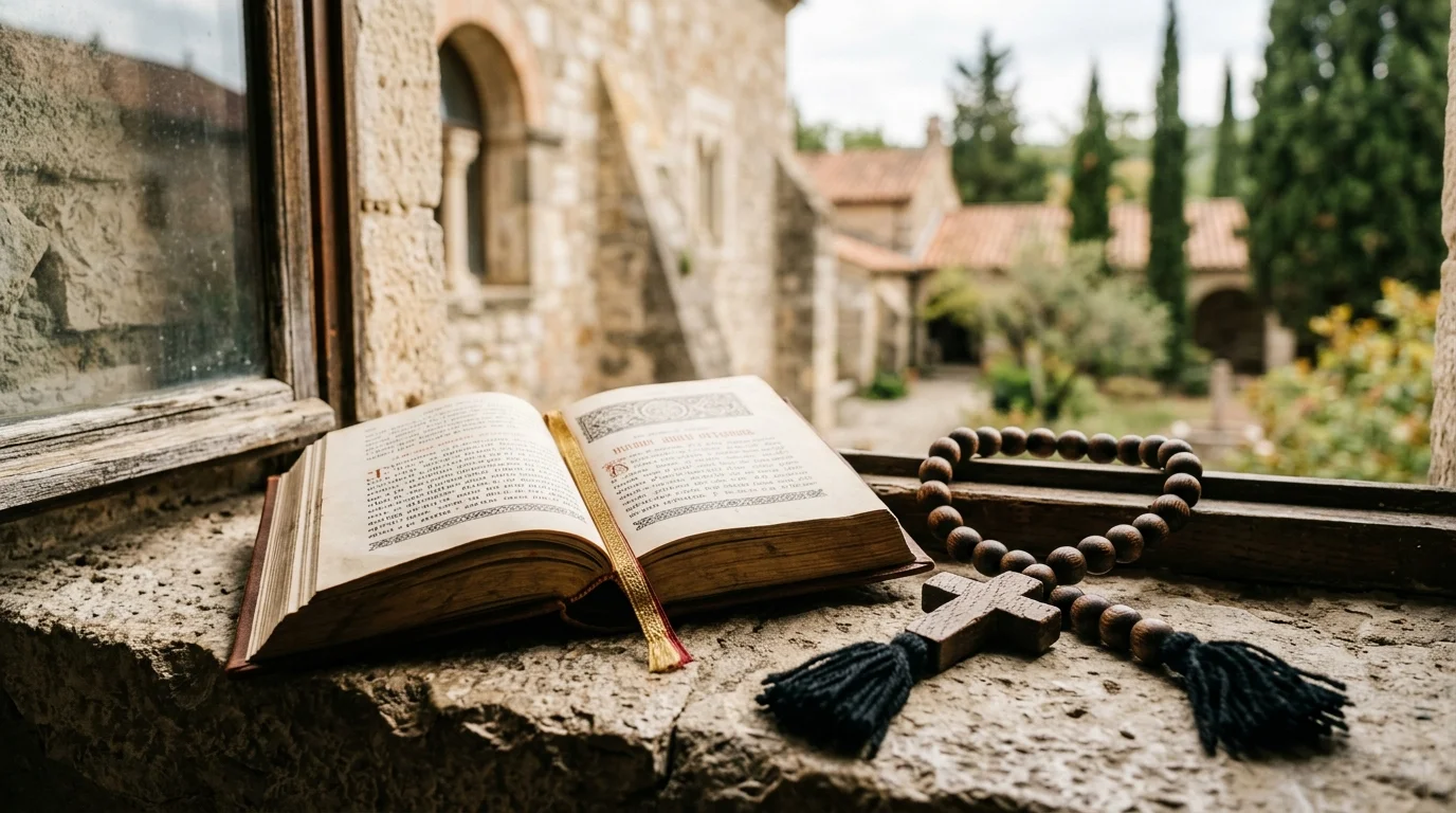Open Bible and prayer rope symbolizing apostolic continuity and the nature of the Church