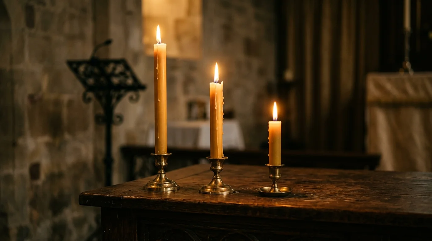 Three lit candles representing different Christian traditions understanding church unity