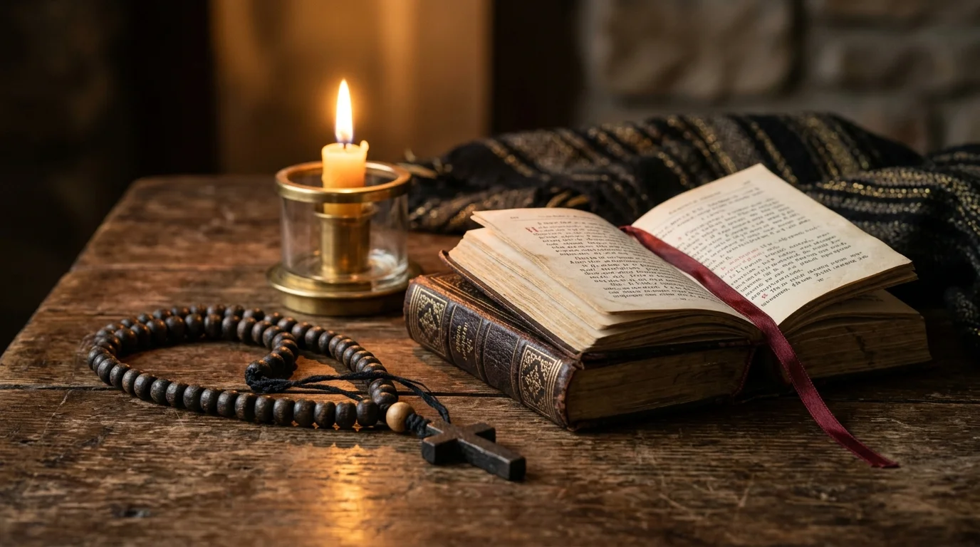 Icon corner with prayer rope and candle prepared for Orthodox morning prayer rule