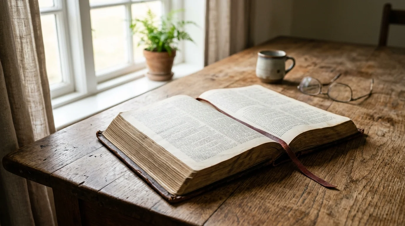 Open Bible with soft natural light in a quiet room