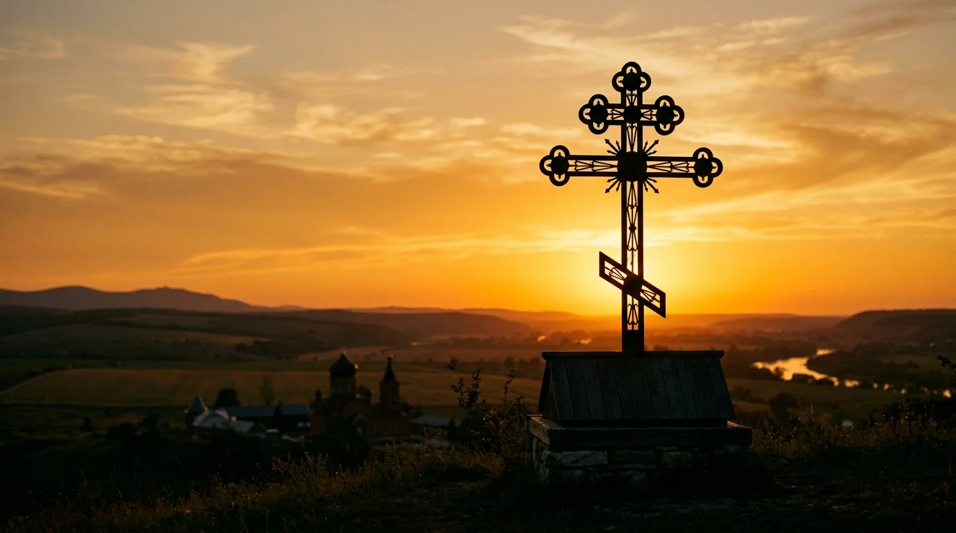 Three-bar Orthodox cross silhouetted against golden light