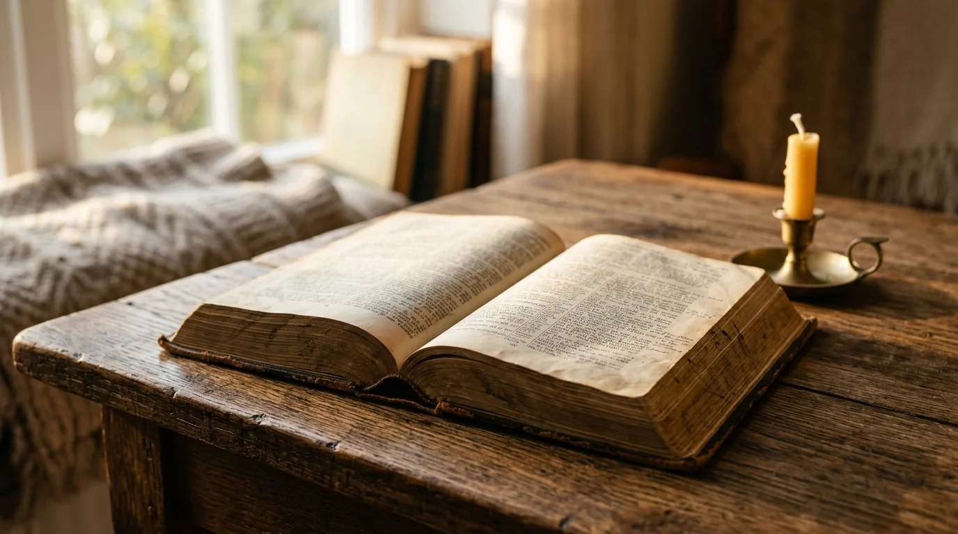 Open worn Bible on a wooden table representing a mother's quiet faith at home